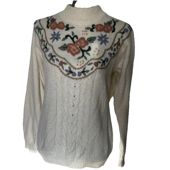 Alfred Dunner Vtg Cable Knit Pastel Floral Embroidered Pullover Sweater Small - Picture 1 of 6